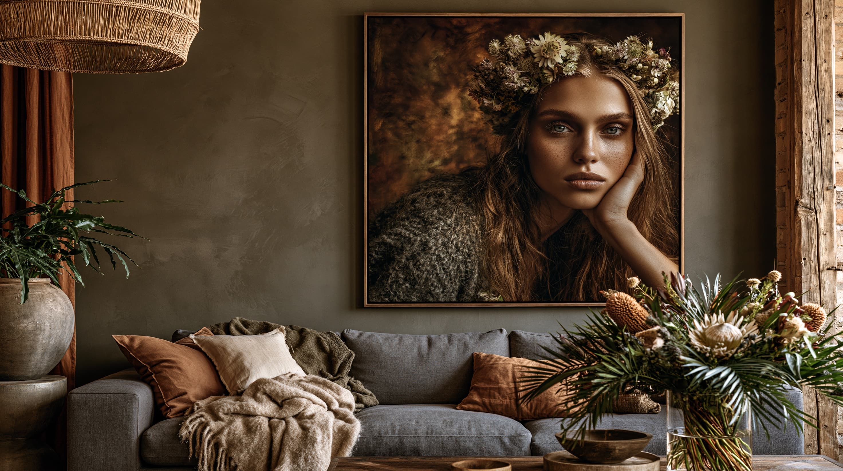 Couverture éditoriale personnalisée encadrée dans un salon